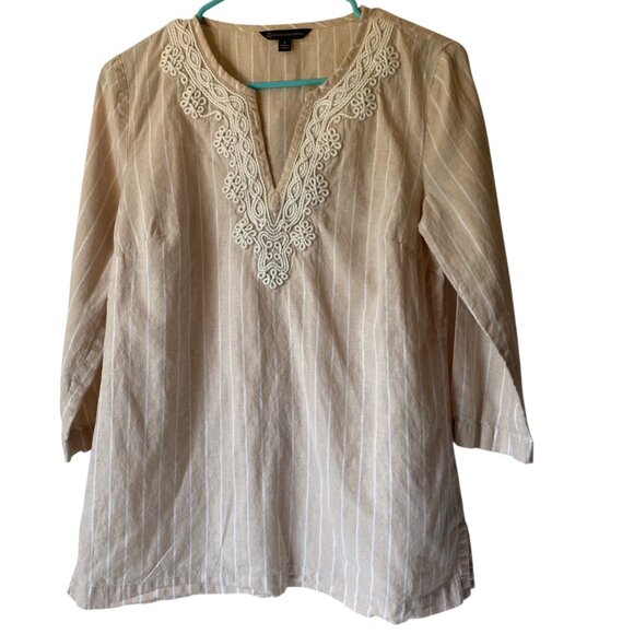 Brooks Brothers Women S Beige Striped Tunic Top Embroidered Neckline Boho Resort - Picture 1 of 8